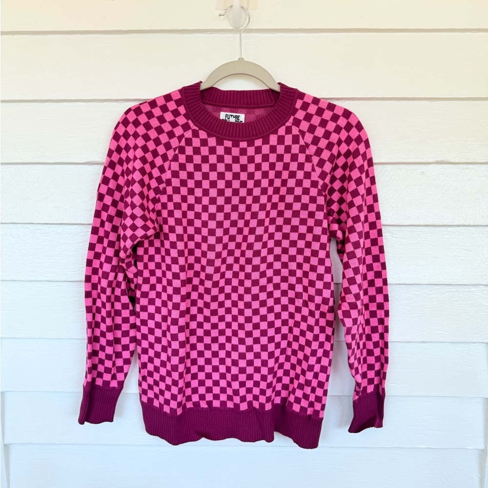 FUTURE COLLECTIVE for TARGET pink and red checkered sweater size xs RUNS BIG